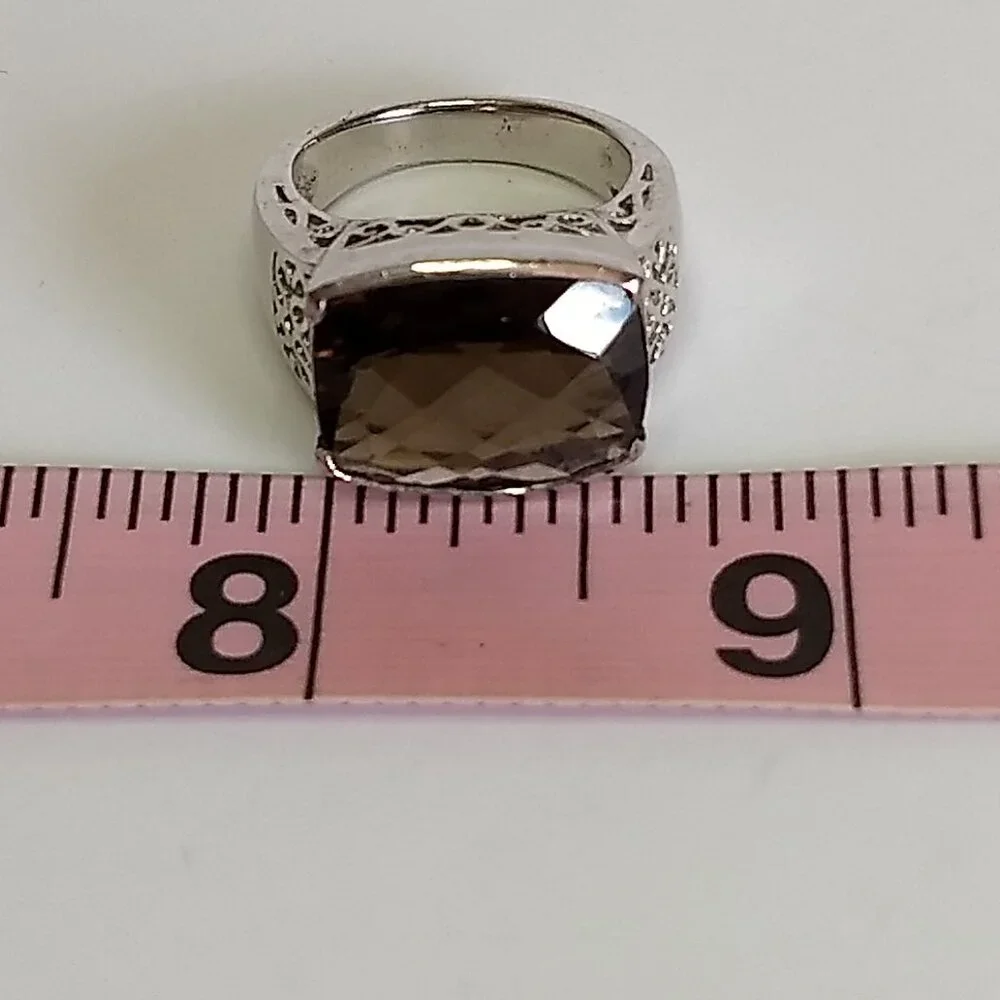 Chocolate Brown Faceted Stone Ring Openwork Sides Silver Tone Ring Size 6.5